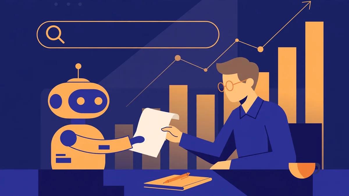 Flat vector illustration of a robot handing an article draft to a human editor, with a search bar and rising ranking chart