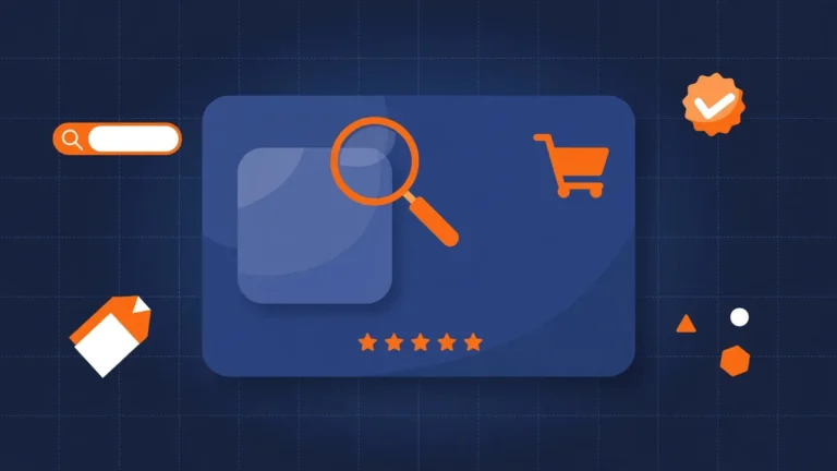 Ecommerce Product Page SEO: The 2026 Checklist for Product Pages That Rank and Sell 4 Flat vector illustration of an online product page with a shopping cart, star ratings, and a magnifying glass