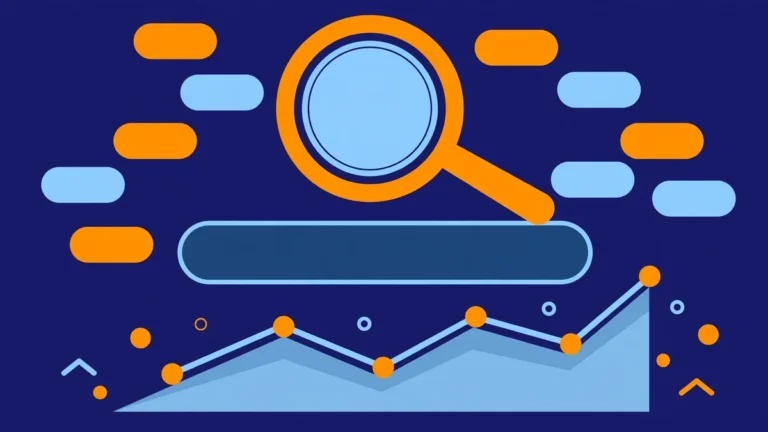 Flat vector illustration of a magnifying glass over keyword data with a rising chart