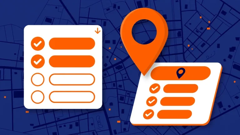 How to Choose Google Business Profile Categories (2026) 3 Flat vector illustration of an orange map pin over a navy city map beside a business listing card with checkmarked category labels