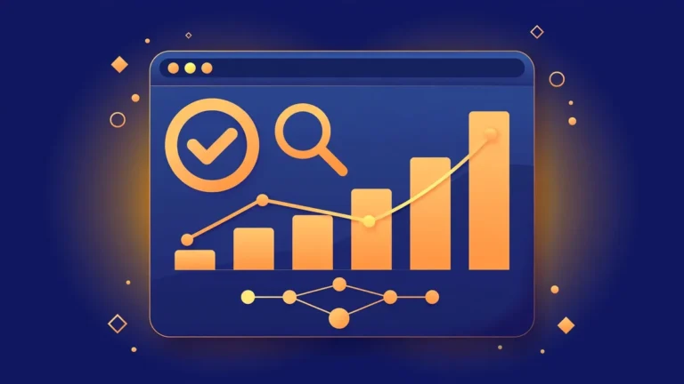 Flat vector illustration of a website dashboard connected to a search engine with charts and a checkmark