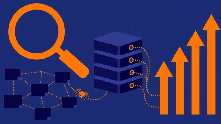 Flat vector illustration of a magnifying glass, spider web, server stack, and rising arrows on navy