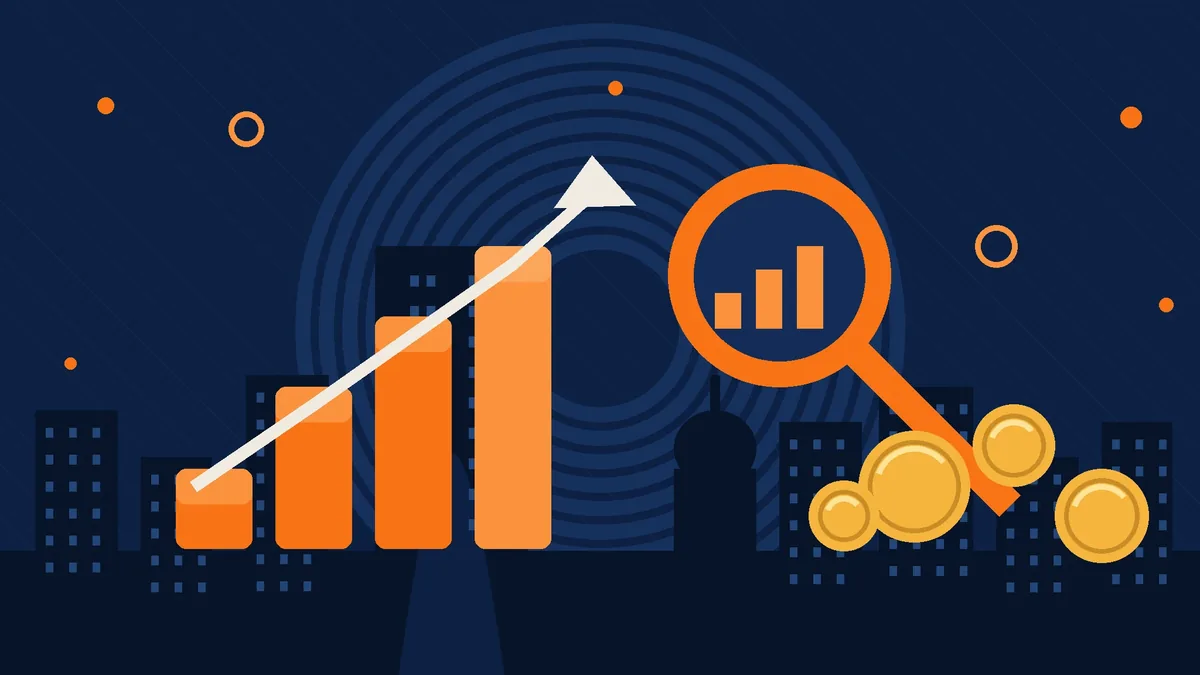 Flat vector illustration of a calculator, coins in Saudi riyals, and a rising search ranking chart
