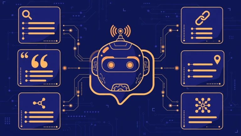 Flat vector illustration of an AI assistant connected to search result panels with citation links