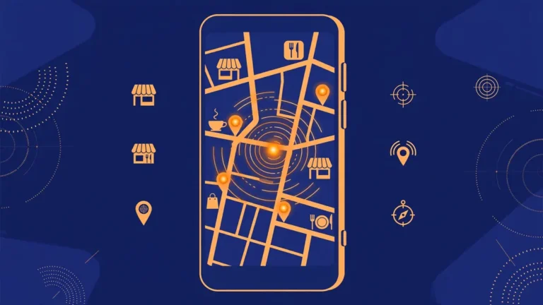 Smartphone map illustration with orange location pins marking nearby businesses on a navy city street grid