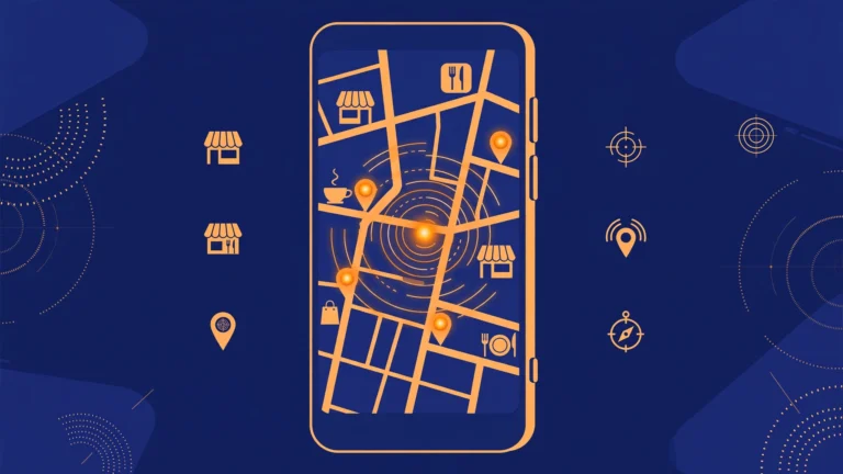 Smartphone map illustration with orange location pins marking nearby businesses on a navy city street grid