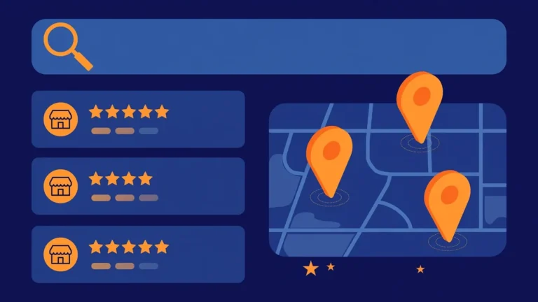 Map illustration showing Google's local pack with three highlighted business listings