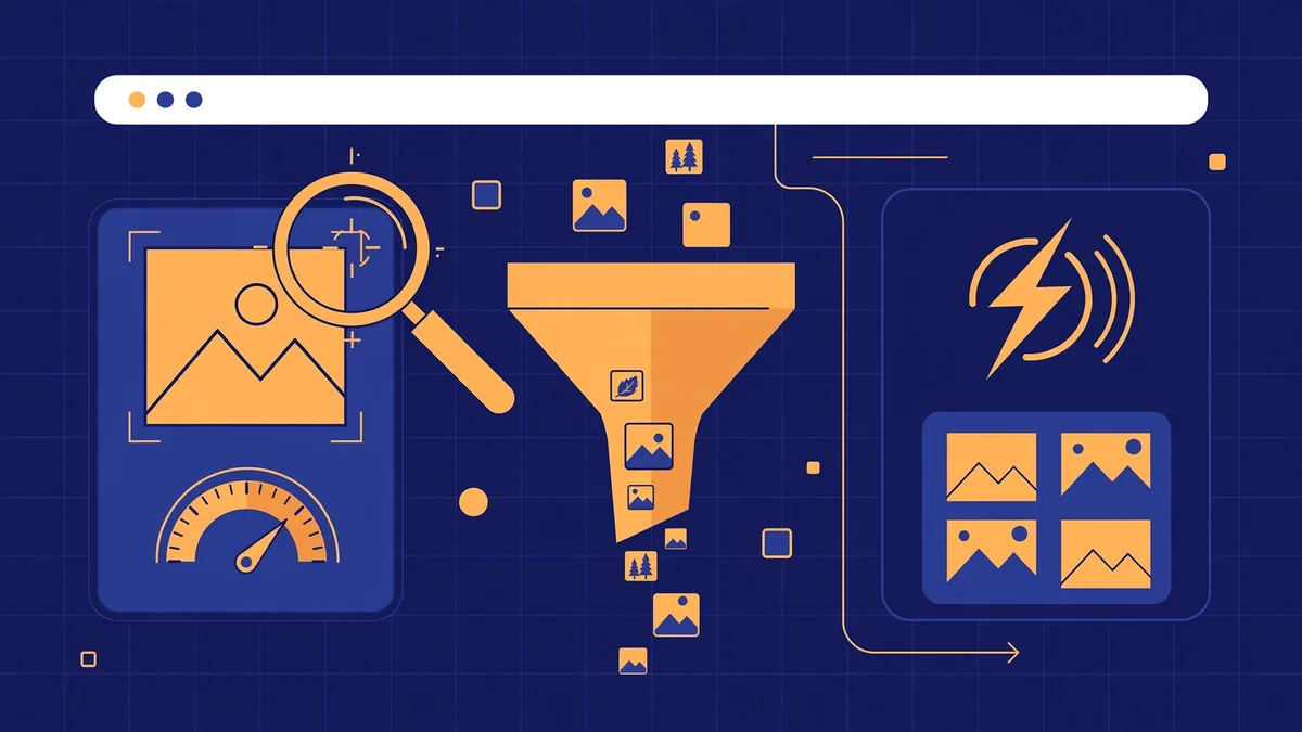 Flat vector illustration of image files being compressed and tagged for SEO