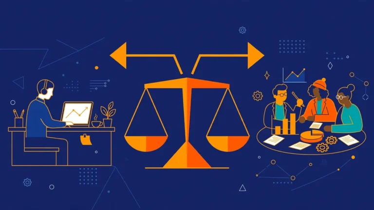 Flat vector illustration of a balance scale weighing a solo in-house desk worker against an agency team of specialists