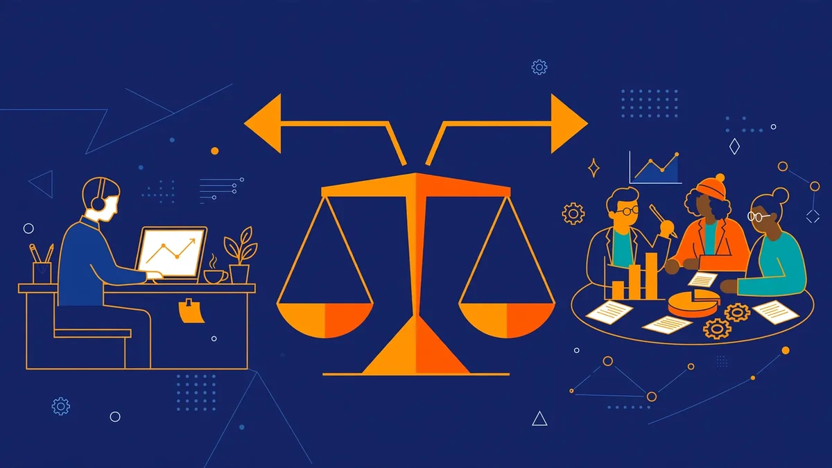 In-House SEO vs Hiring an Agency: Pros, Cons & Costs 1 Flat vector illustration of a balance scale weighing a solo in-house desk worker against an agency team of specialists