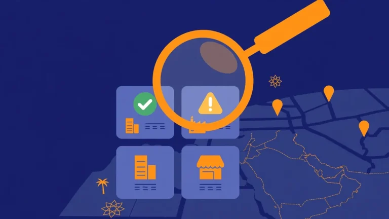 Flat vector illustration of a magnifying glass inspecting business directory listings and map pins, navy and orange