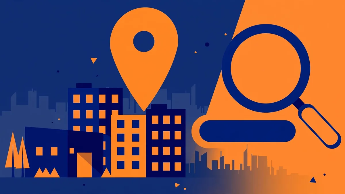 Real Estate SEO: How Agencies Can Rank Higher in Saudi Arabia (2026) 1 Flat vector illustration of a modern villa and apartment buildings with a location pin and search bar