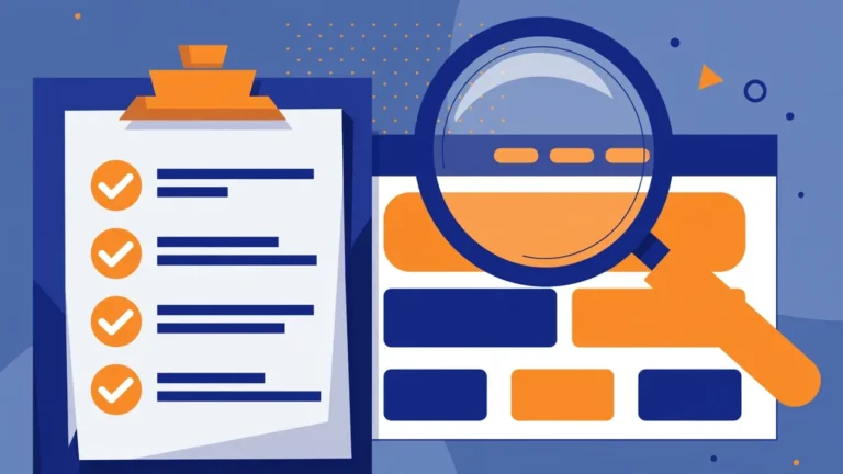 DIY SEO Audit Checklist: 25 Things to Check on Your Site (2026) 7 Clipboard checklist with checkmarks and a magnifying glass inspecting a website wireframe