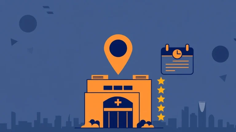 Illustration of a clinic storefront with a map pin, online booking calendar, and five-star patient reviews