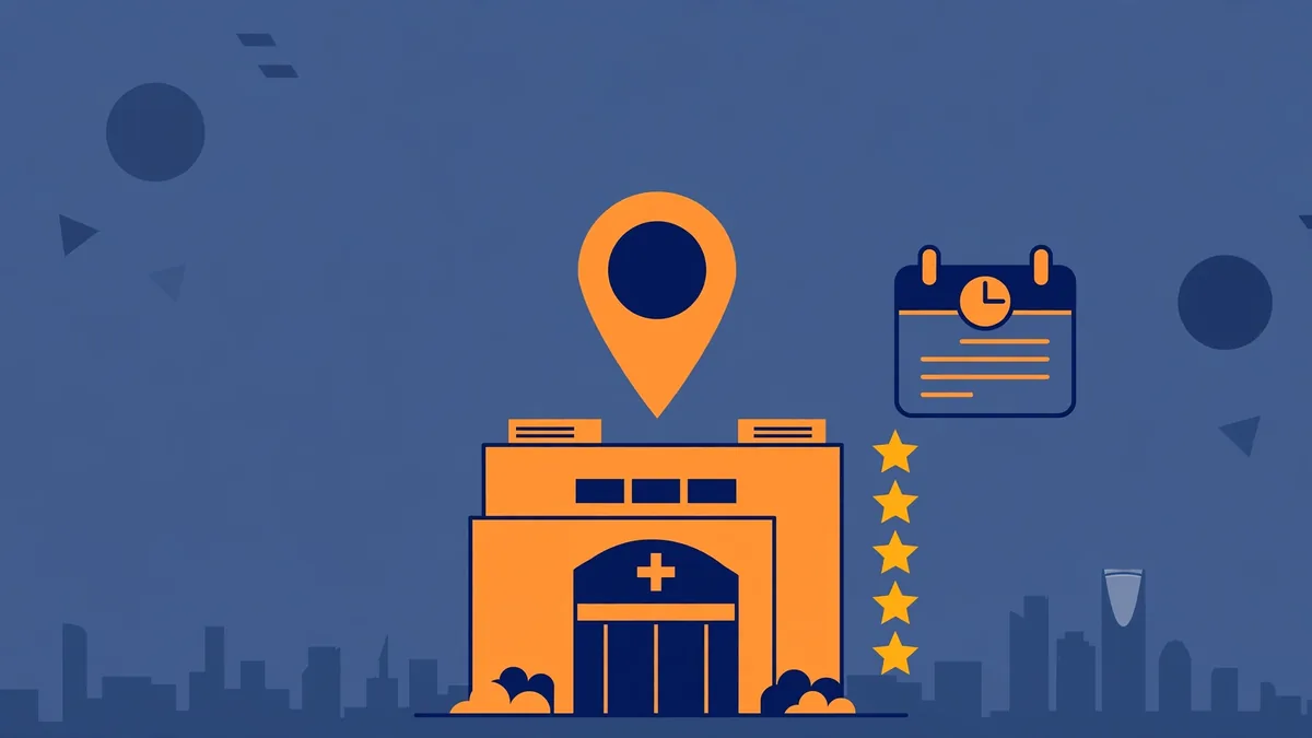 Illustration of a clinic storefront with a map pin, online booking calendar, and five-star patient reviews