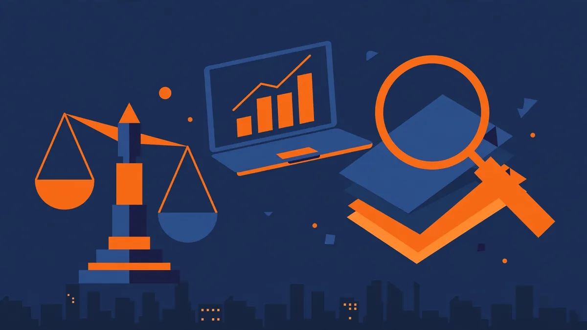 SEO for Law Firms: Getting Clients From Google in 2026 1 Flat vector illustration of scales of justice, a laptop with a rising chart, and a magnifying glass over documents on a navy background