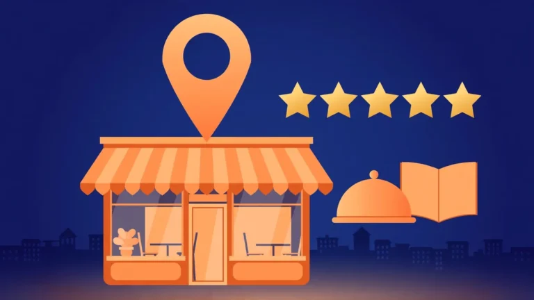 Flat vector illustration of a restaurant storefront with a map pin, star ratings, and a serving cloche