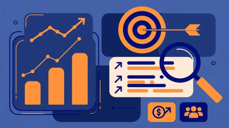 10 SEO KPIs That Actually Matter (Beyond Rankings) 4 Navy and orange flat illustration of an analytics dashboard with rising charts, a target with an arrow, and a magnifying glass