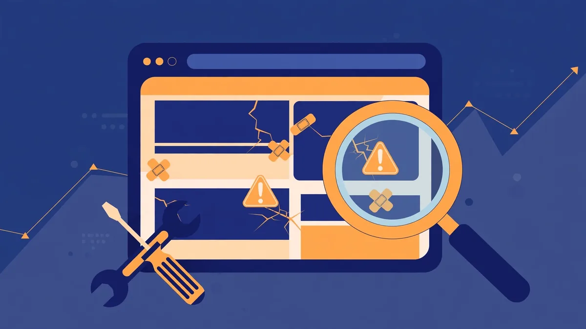 15 SEO Mistakes That Kill Rankings (And How to Fix Them in 2026) 1 Flat vector illustration of a cracked website under a magnifying glass with warning signs and repair tools