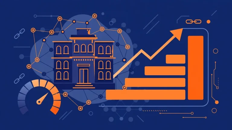 What Is Domain Authority? Moz's Score Explained (2026) 6 Illustration of a website building with a link network, gauge, and rising bar chart showing domain strength