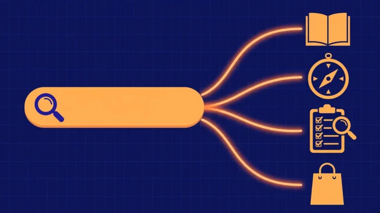 Flat vector illustration of a search bar splitting into four pathways