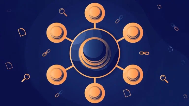 Flat vector of a central pillar page node linked to surrounding cluster articles, navy and orange