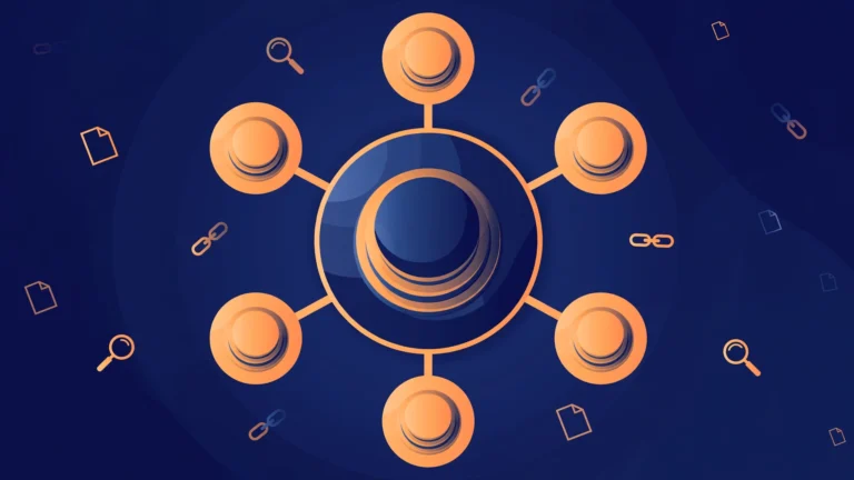 Flat vector of a central pillar page node linked to surrounding cluster articles, navy and orange