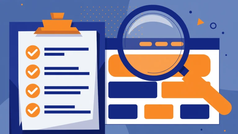 Clipboard checklist with checkmarks and a magnifying glass inspecting a website wireframe